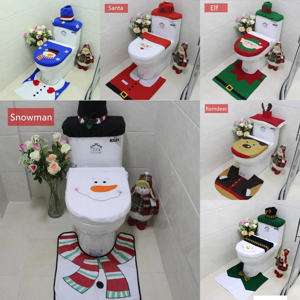 4pcs Christmas Toilet Seat Cover Rug Bathroom Set Santa