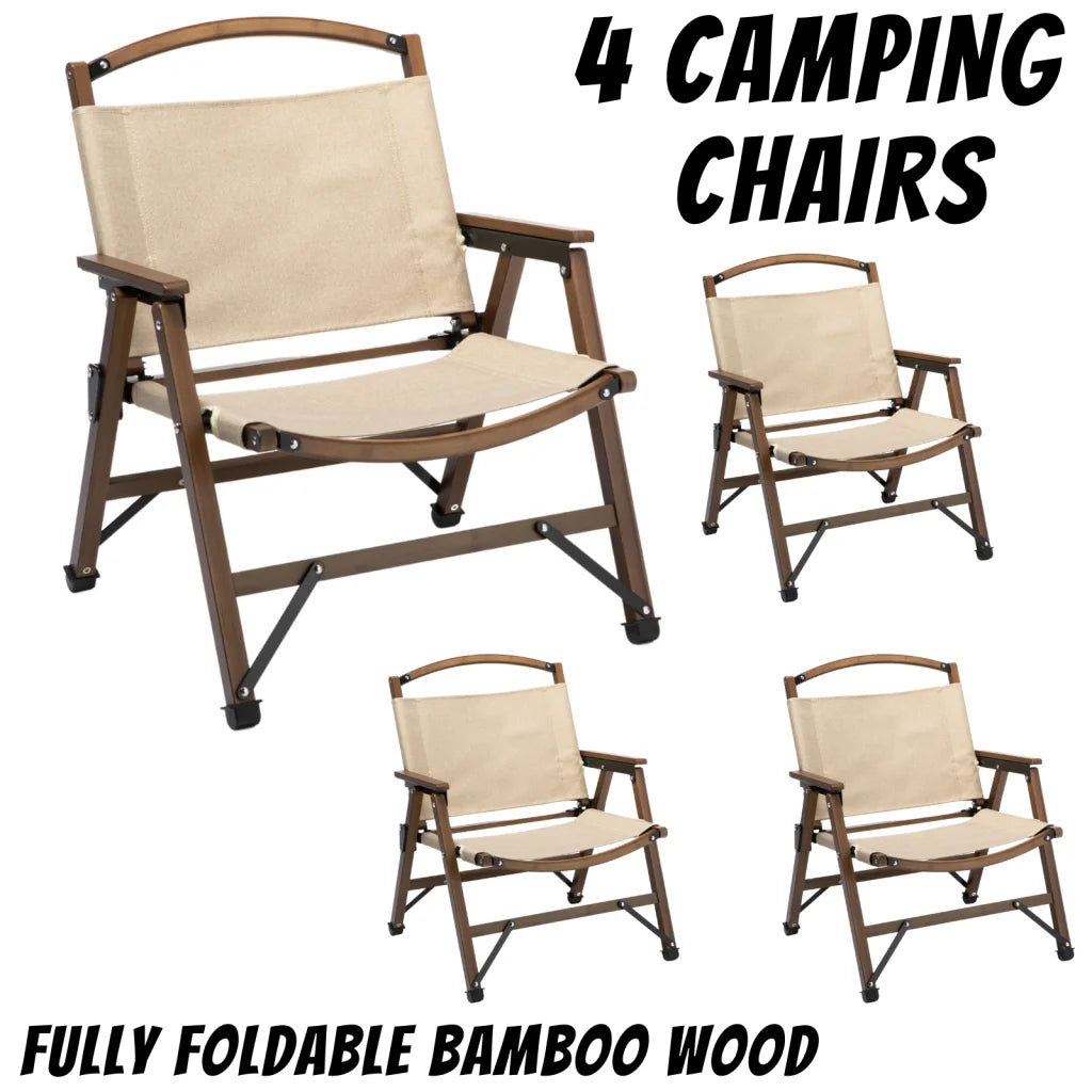 4x Bamboo Foldable Outdoor Camping Chair Wooden Travel