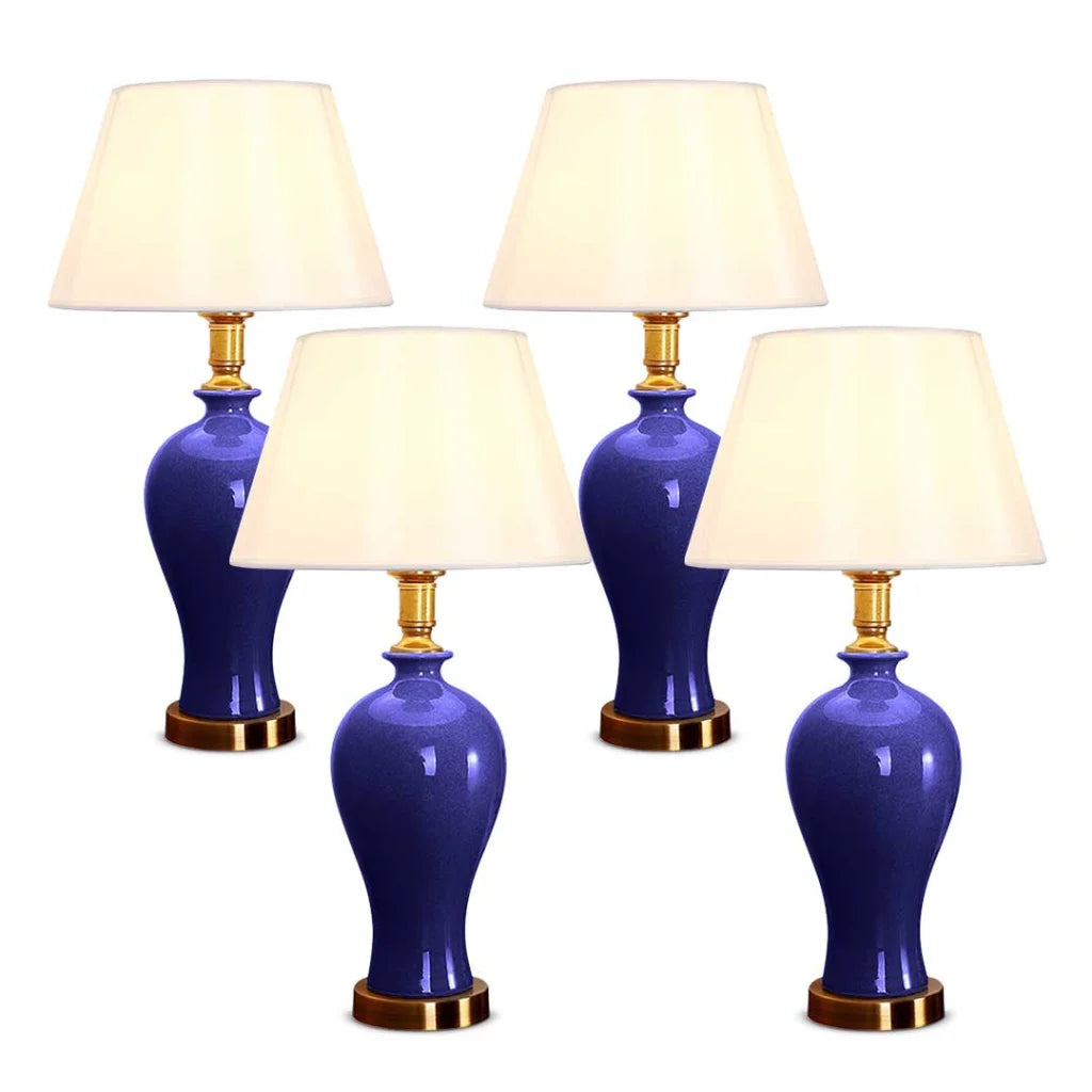 4X Blue Ceramic Oval Table Lamp with Gold Metal Base - Premium