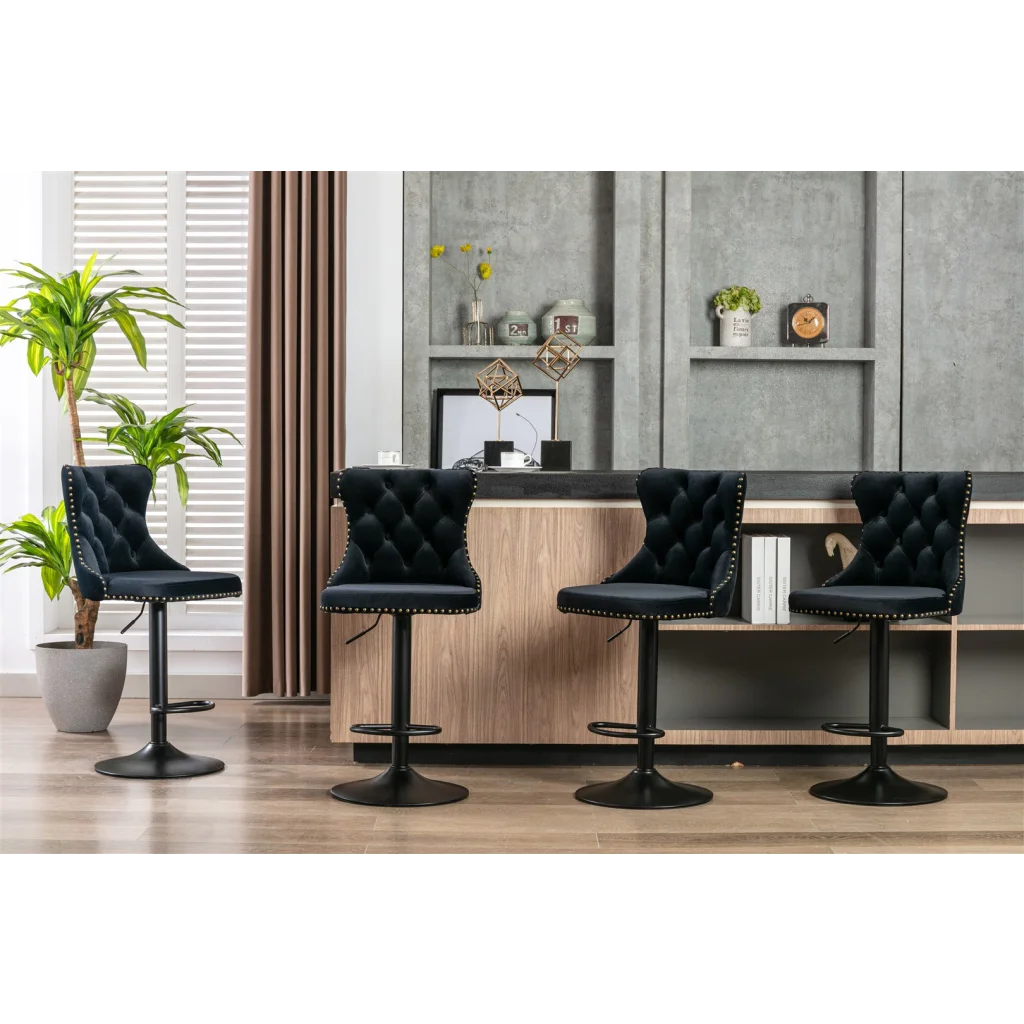 4x Height Adjustable Swivel Bar Stool Velvet Nailhead