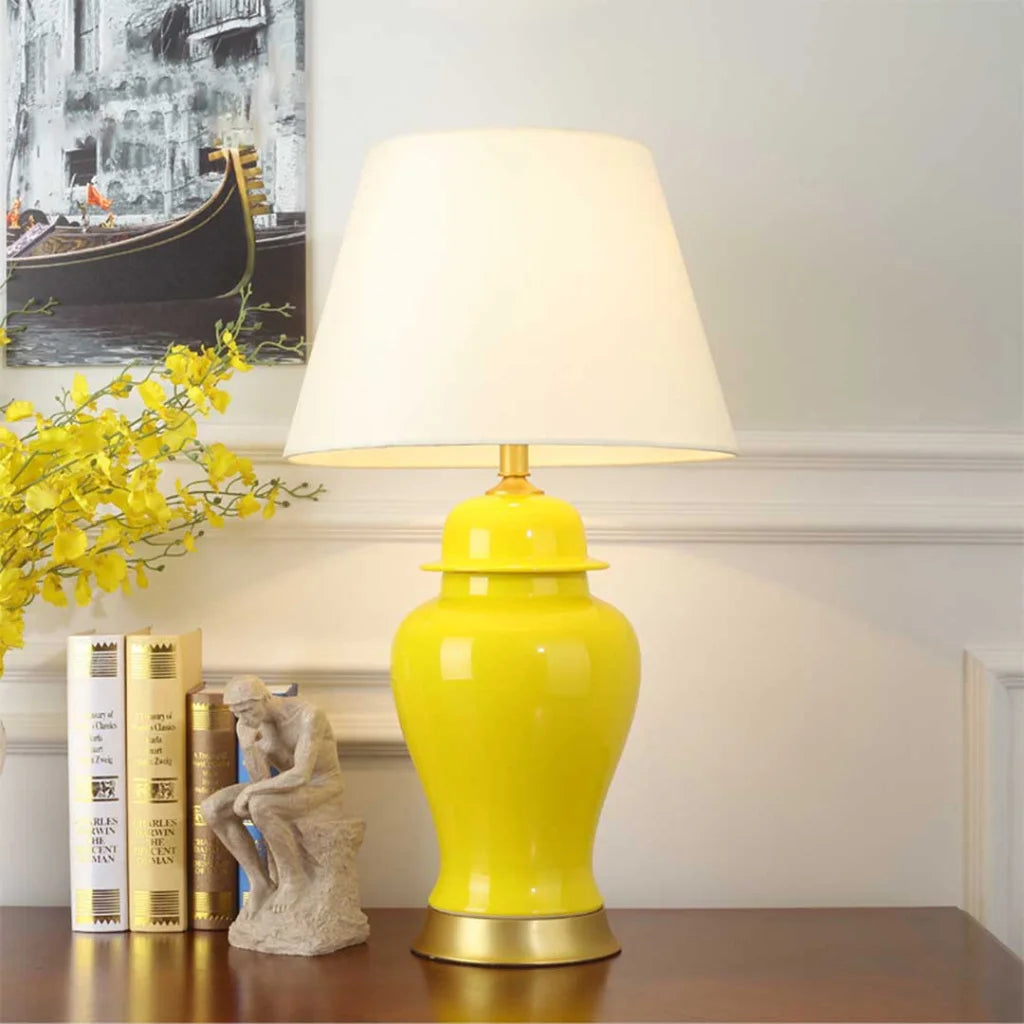 4X Oval Ceramic Table Lamp with Gold Metal Base Desk Lamp Yellow - Premium