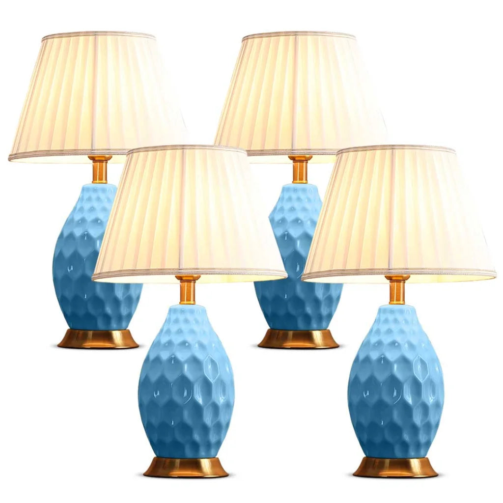 4X Textured Ceramic Oval Table Lamp with Gold Metal Base Blue - Premium