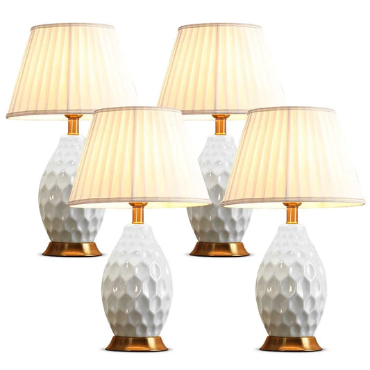 4X Textured Ceramic Oval Table Lamp with Gold Metal Base White - Premium