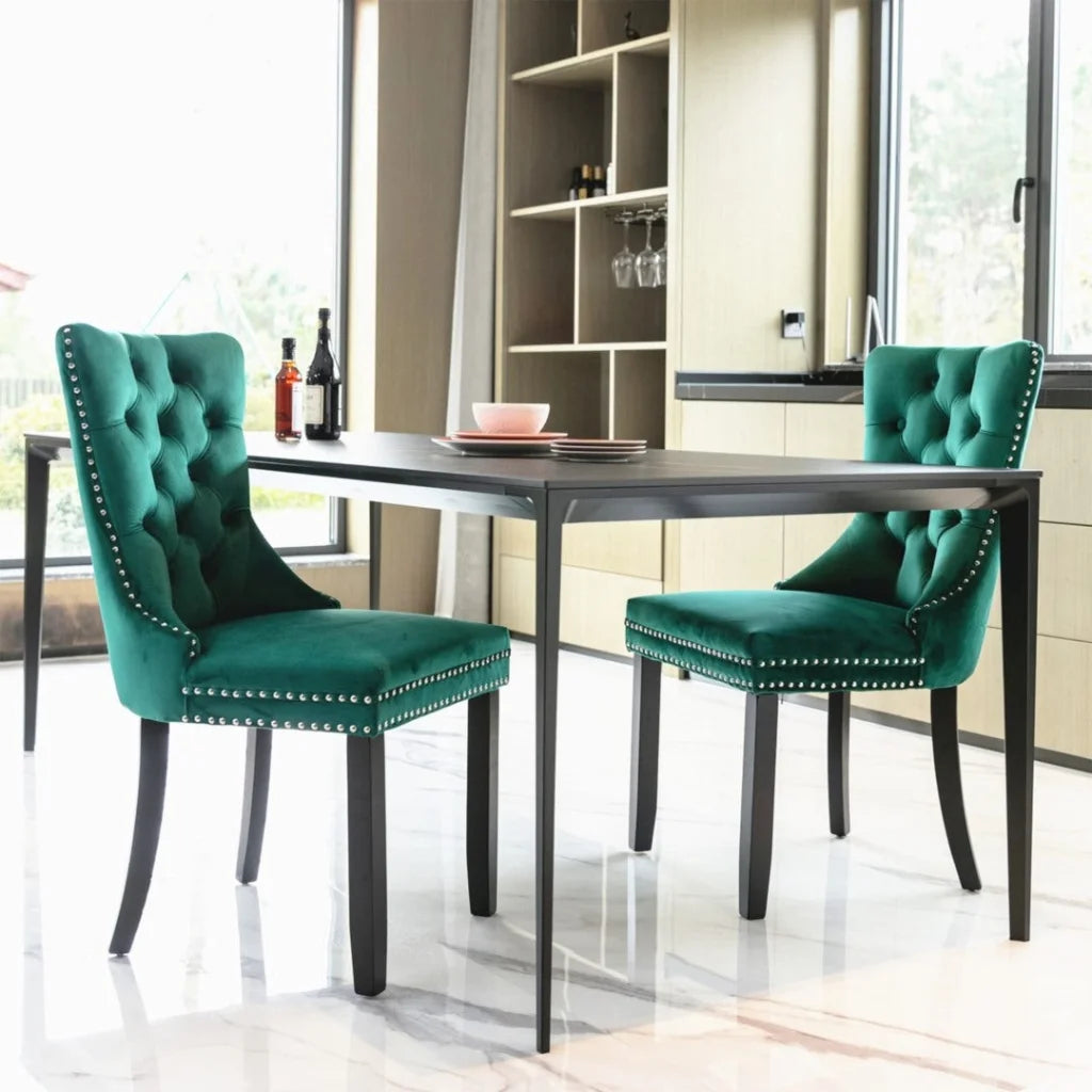 4x Velvet Dining Chairs- Green - Furniture > Dining >