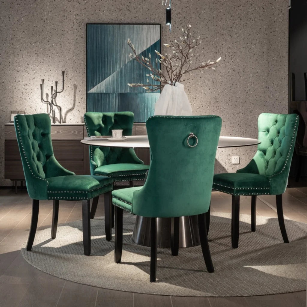 4x Velvet Dining Chairs- Green - Furniture > Dining >