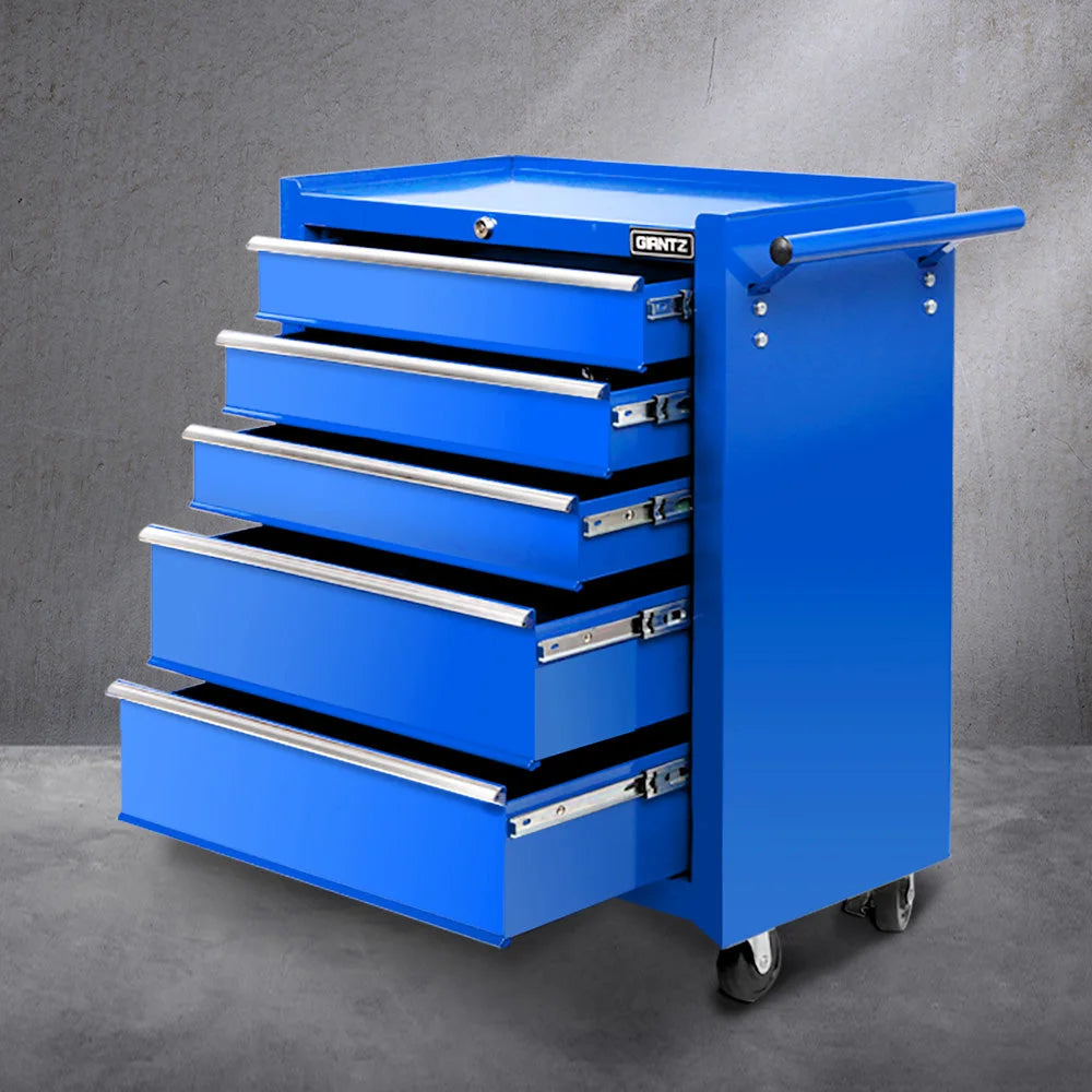Blue tool box cabinet with metal drawer handles and storage chest
