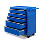 Blue drawer cabinet with handles and internal shelves
