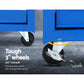 Blue tool box cabinet with drawer fronts and rolling caster wheels