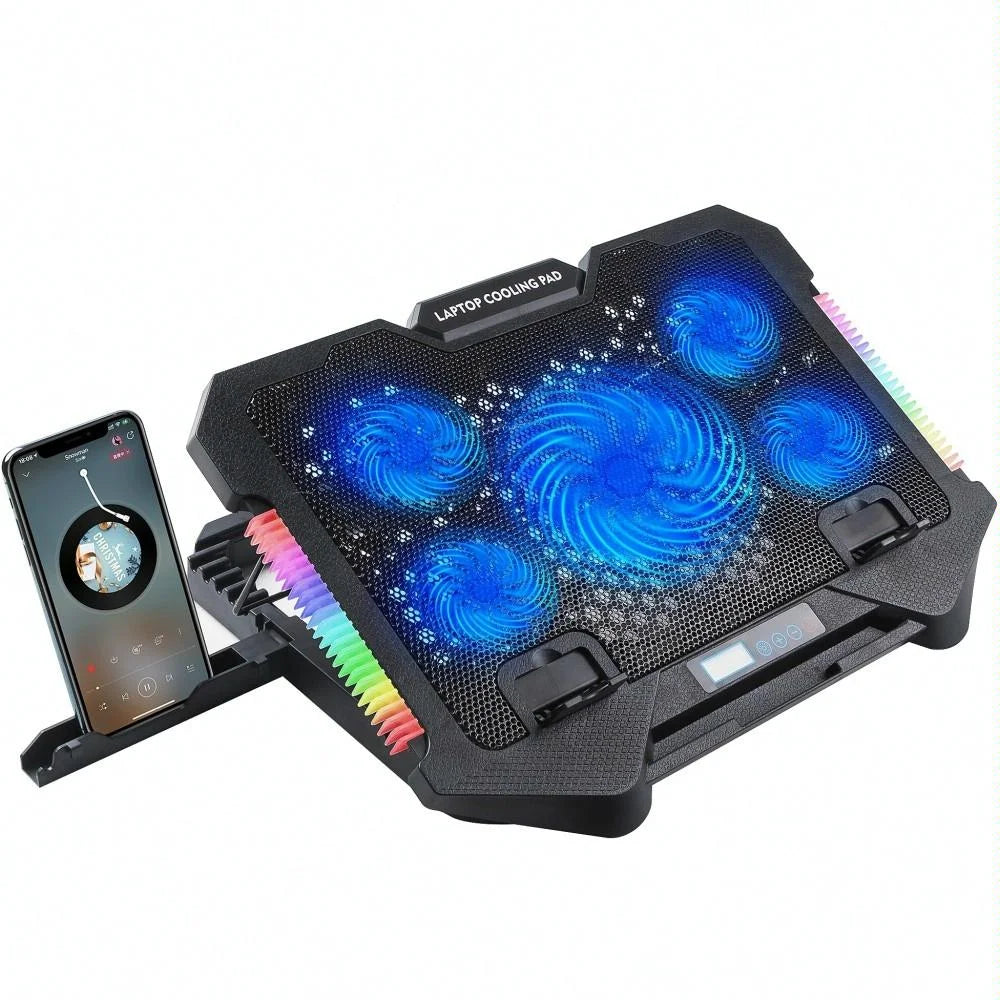 5-Fan Laptop Cooling Pad With Adjustable Stand And Phone Holder-1922443477405274112