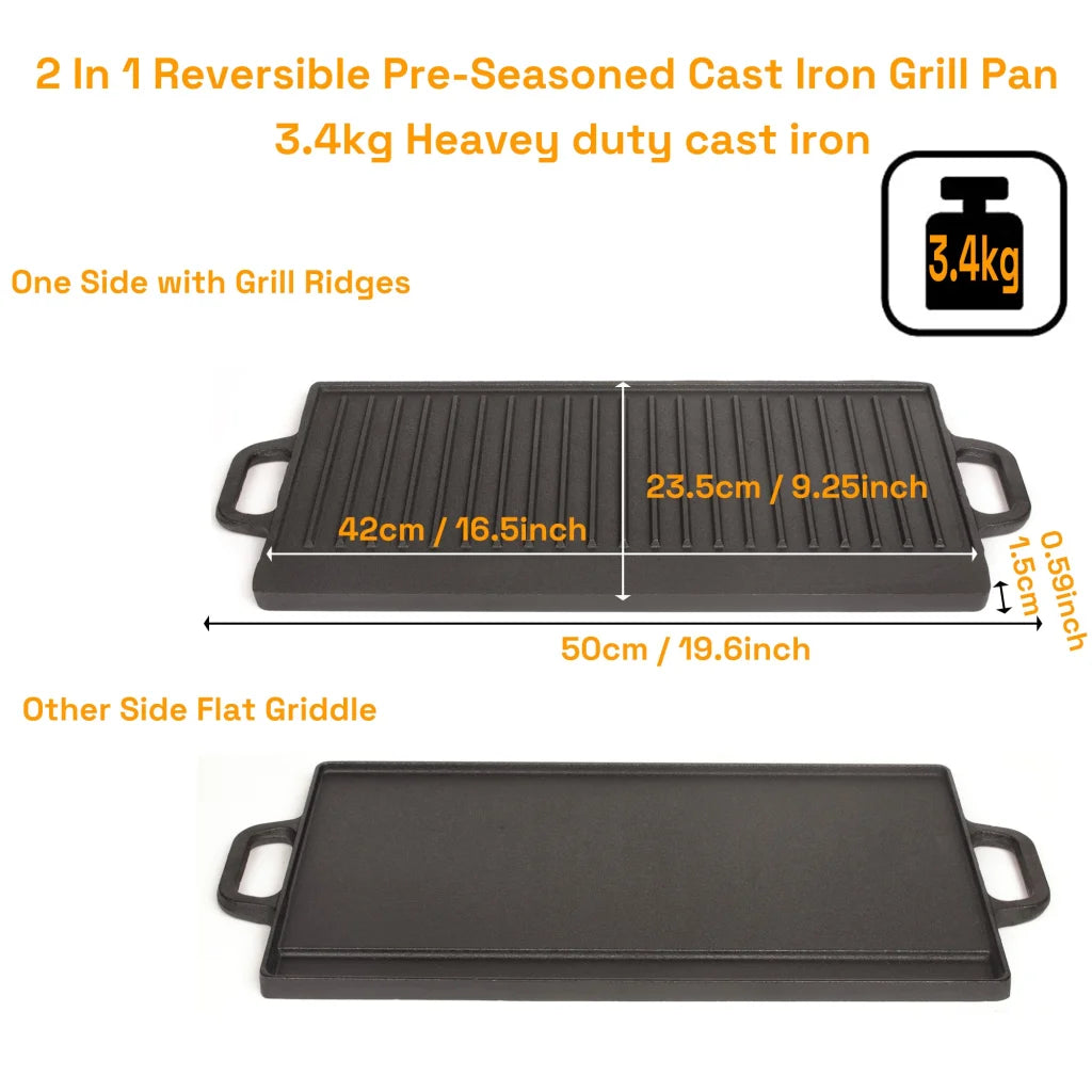 50 cm Reversible Cast Iron Grill & Griddle -Dual-Sided
