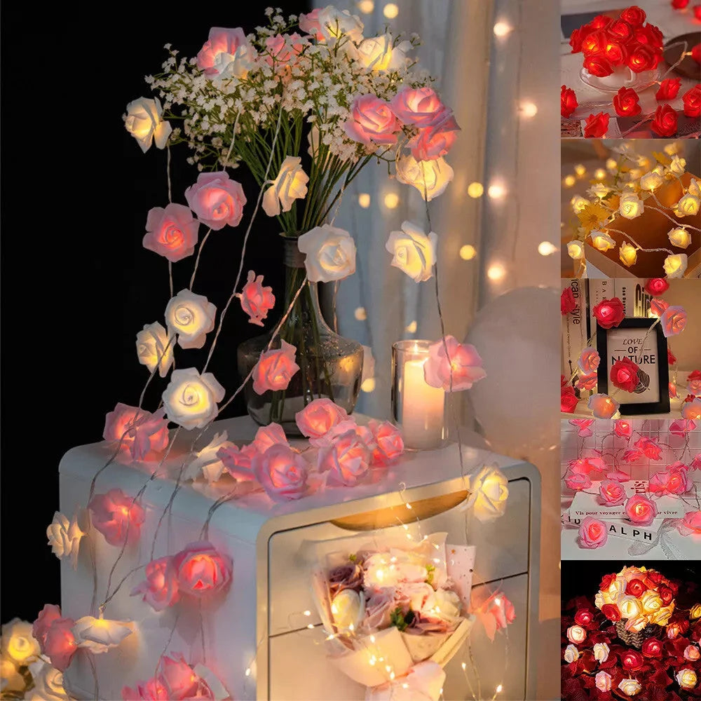 50 Pink n White Rose 3D Fairy Lights 5M LONG String Battery