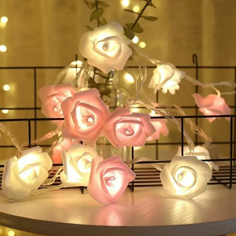 50 Pink n White Rose 3D Fairy Lights 5M LONG String Battery