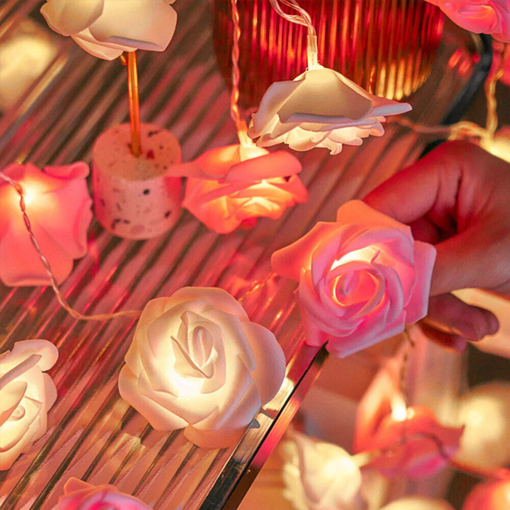 50 Pink n White Rose 3D Fairy Lights 5M LONG String Battery