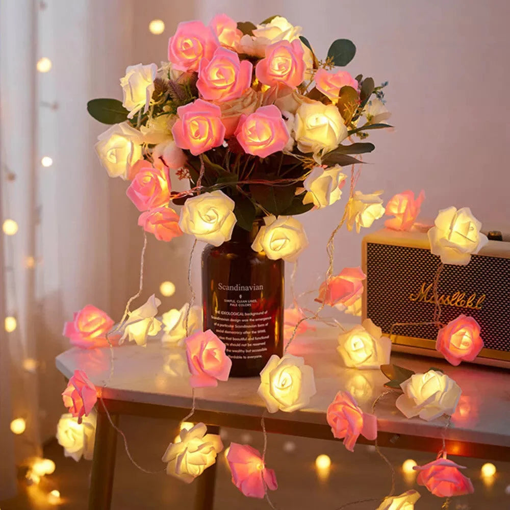 50 Pink n White Rose 3D Fairy Lights 5M LONG String Battery