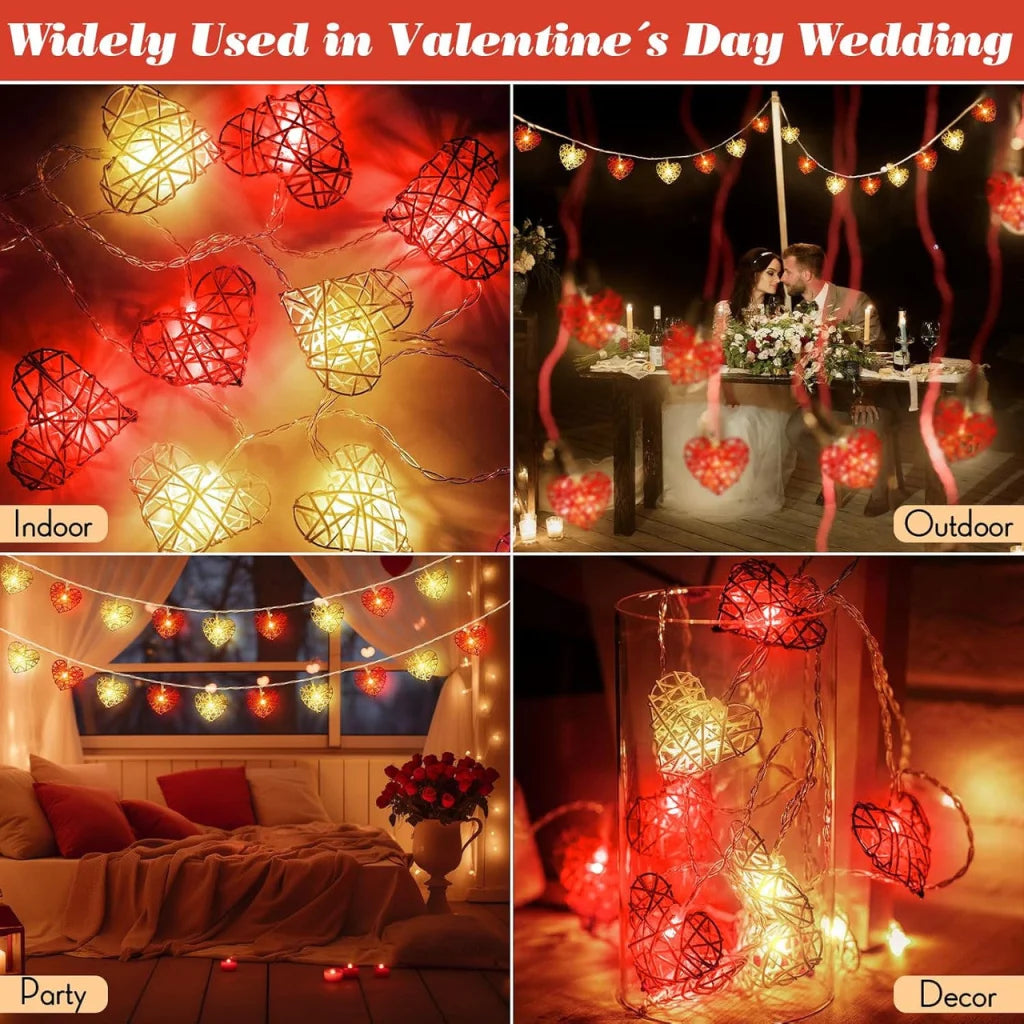 50 Red and White 3D Hollowed Rattan Heart-Shaped 5M LONG