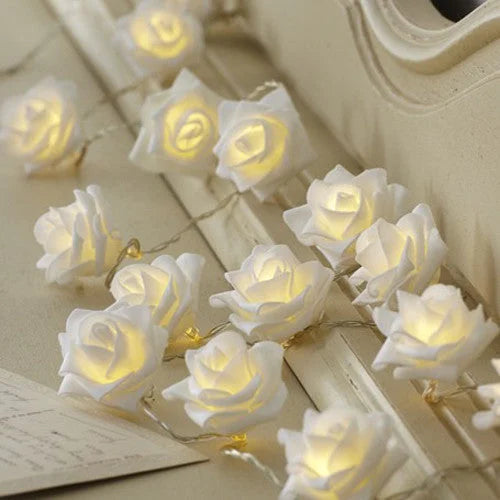 50 White Rose 3D Fairy Lights 5M LONG String Battery (AA)