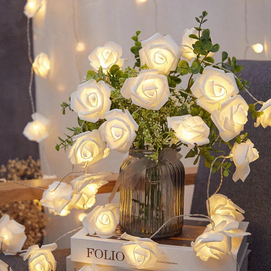 50 White Rose 3D Fairy Lights 5M LONG String Battery (AA)
