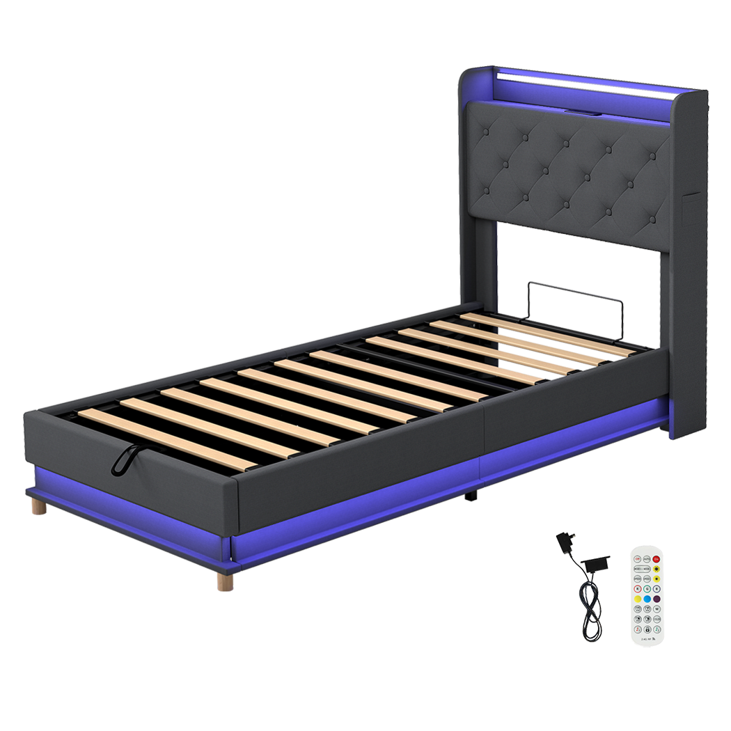 Levede Single Bed Frame Gas Lift Storage LED Light USB