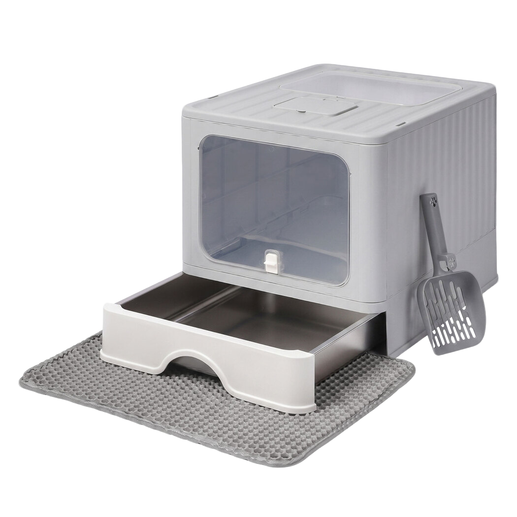 PaWz Cat Litter Box Stainless Steel Enclosed Drawer Odor Control Foldable Grey