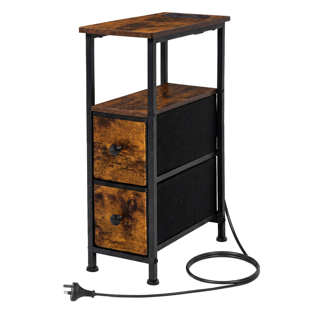 Levede Bedside Table Narrow Side Table with LED Charging Station Brown