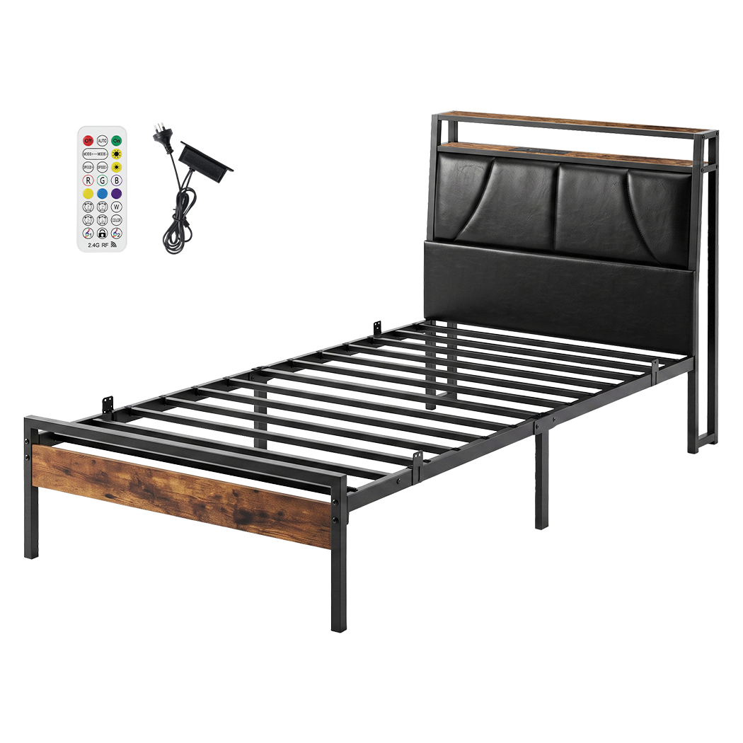 Levede Single Bed Frame PU Upholstered LED Storage Headboard Charging Home Black