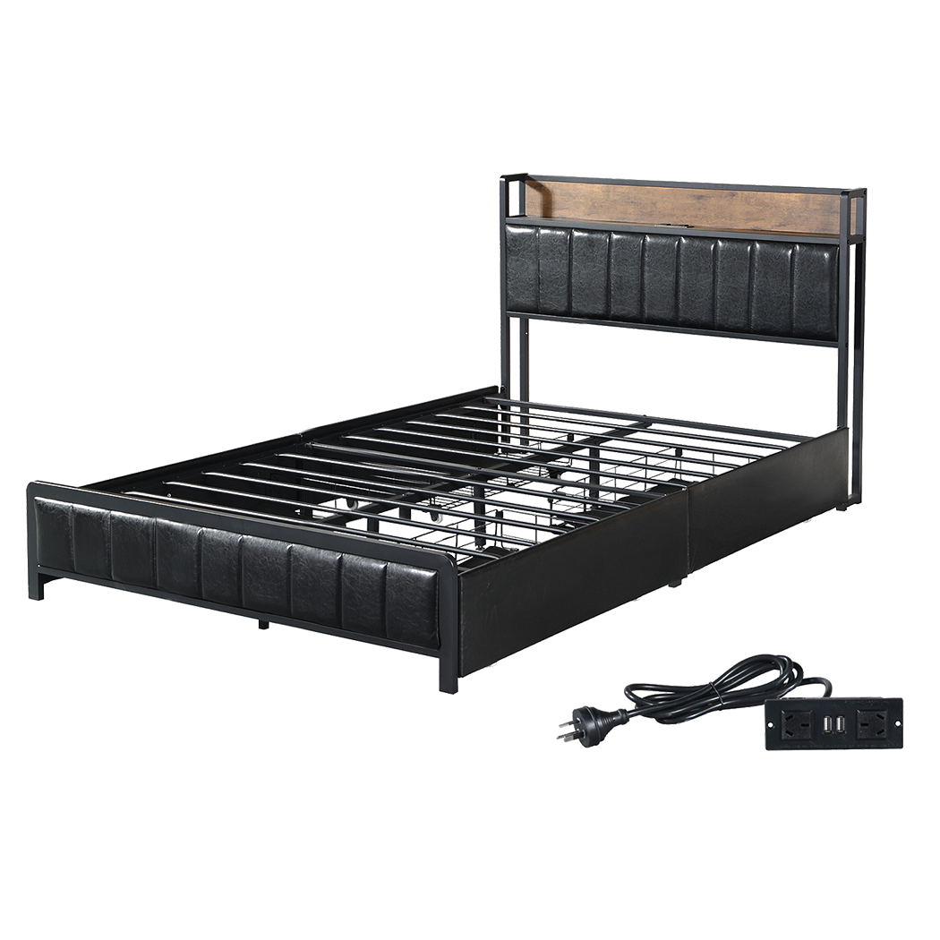 Levede Double Bed Frame PU Mattress Base Storage Drawer Headboard USB Charge