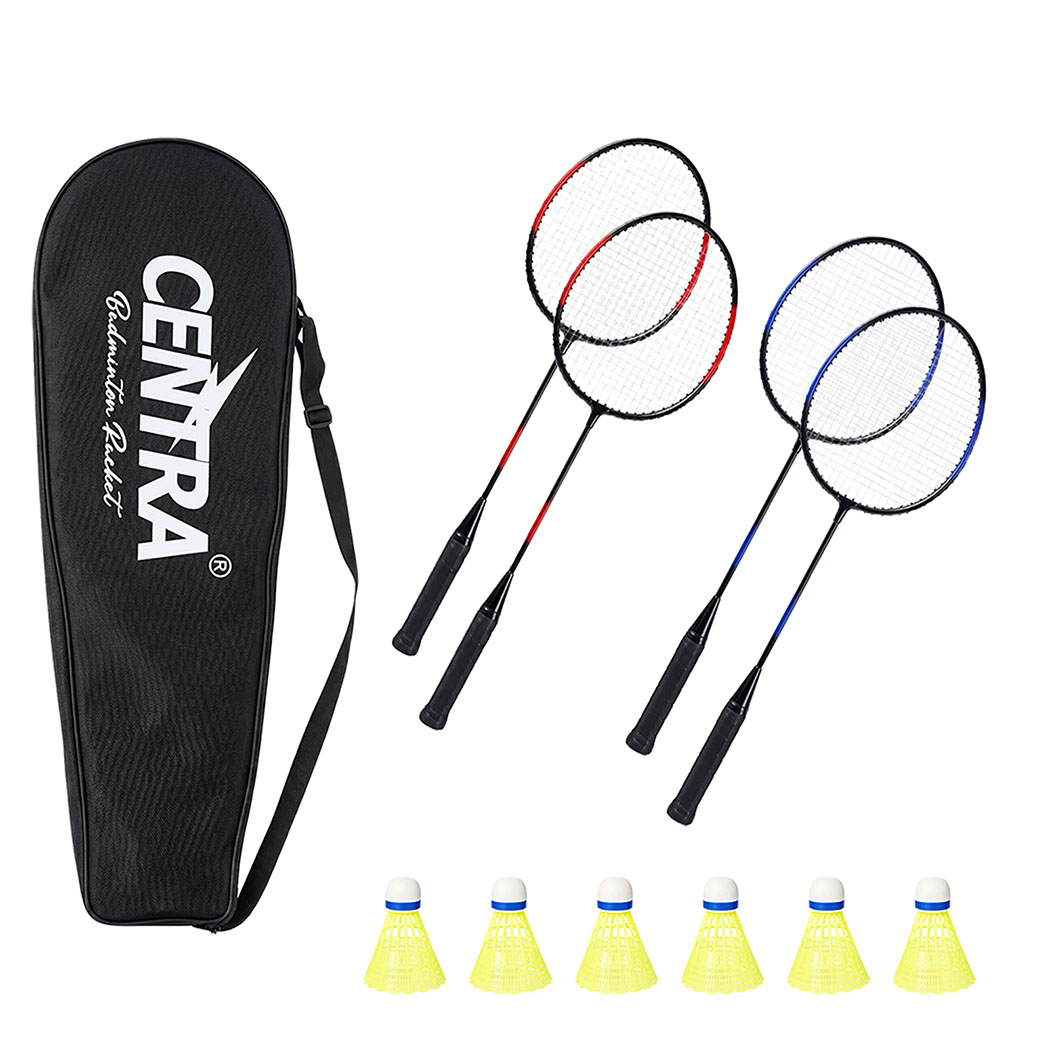Centra Badminton Set 4 Rackets 6 Shuttles Nylon Aluminium Black Red Blue