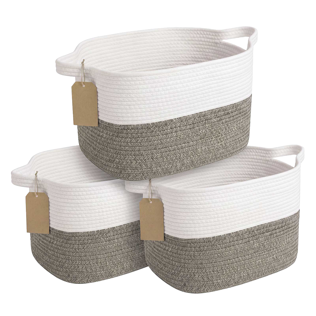 Levede Storage Baskets Laundry Bins 3Pcs Foldable with Handles Cotton Rope Brown