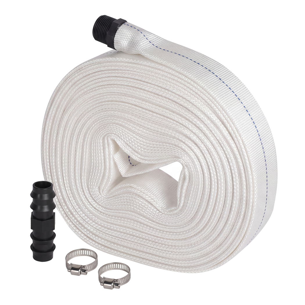 Traderight Hose Pipe Heavy 20m x 25mm Layflat PVC Pump Drainage with Clips White