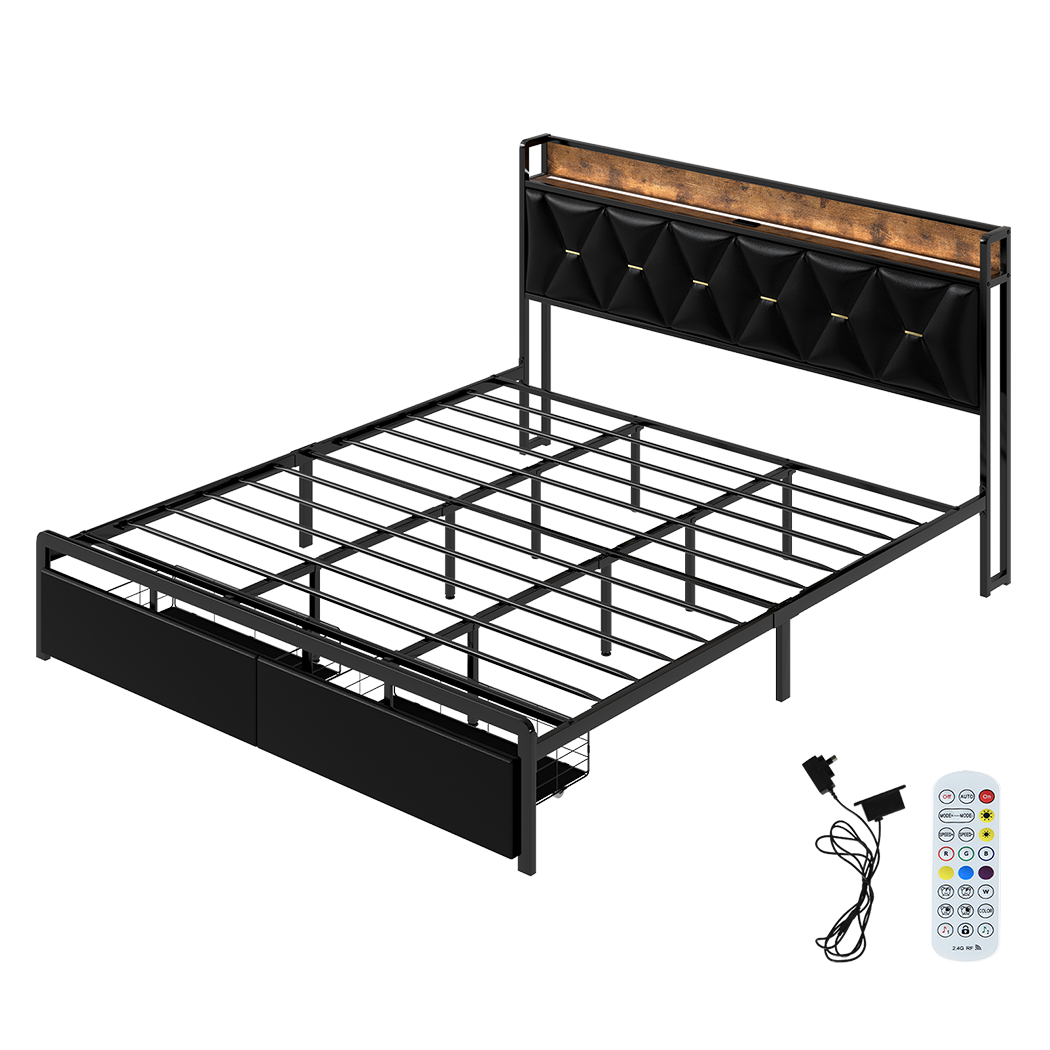 Levede King Bed Frame Leather Headboard RGB 2 Drawers