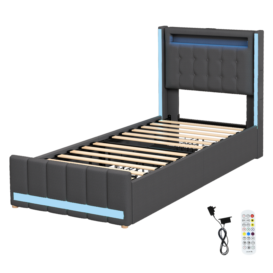 Levede Single Bed Frame Fabric Storage Drawer LED USB