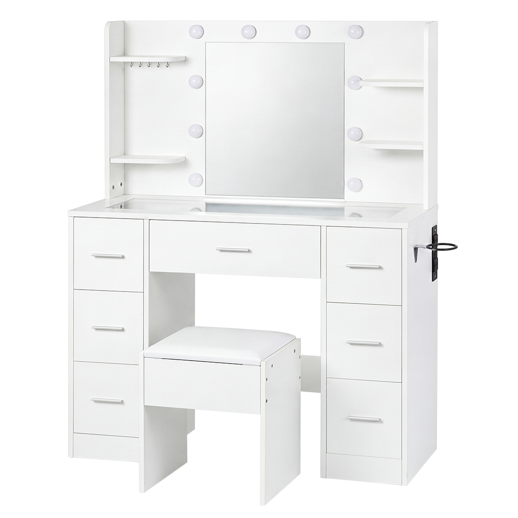 Levede Dressing Table Makeup Vanity with Lights Glass Desktop 7 Drawers White