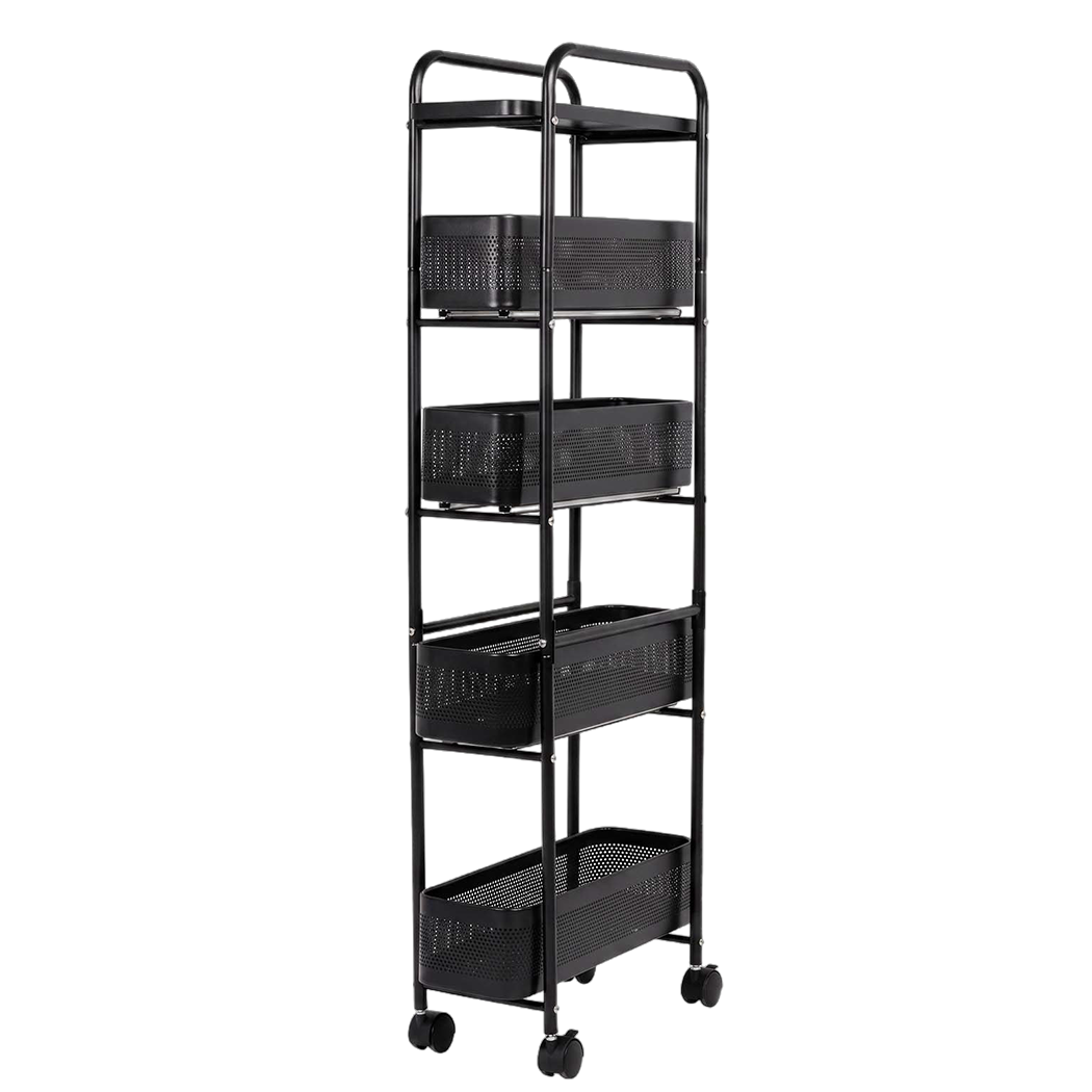Levede 5 Tier Storage Trolley Slim With Pull Out Drawers For Home Kitchen Black