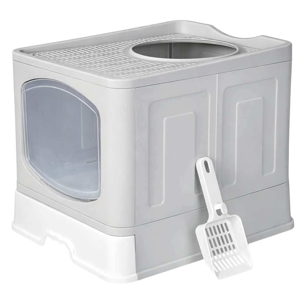 Pawz Large Cat Litter Box Foldable Top Entry Covered Litter Tray Scoop Grey