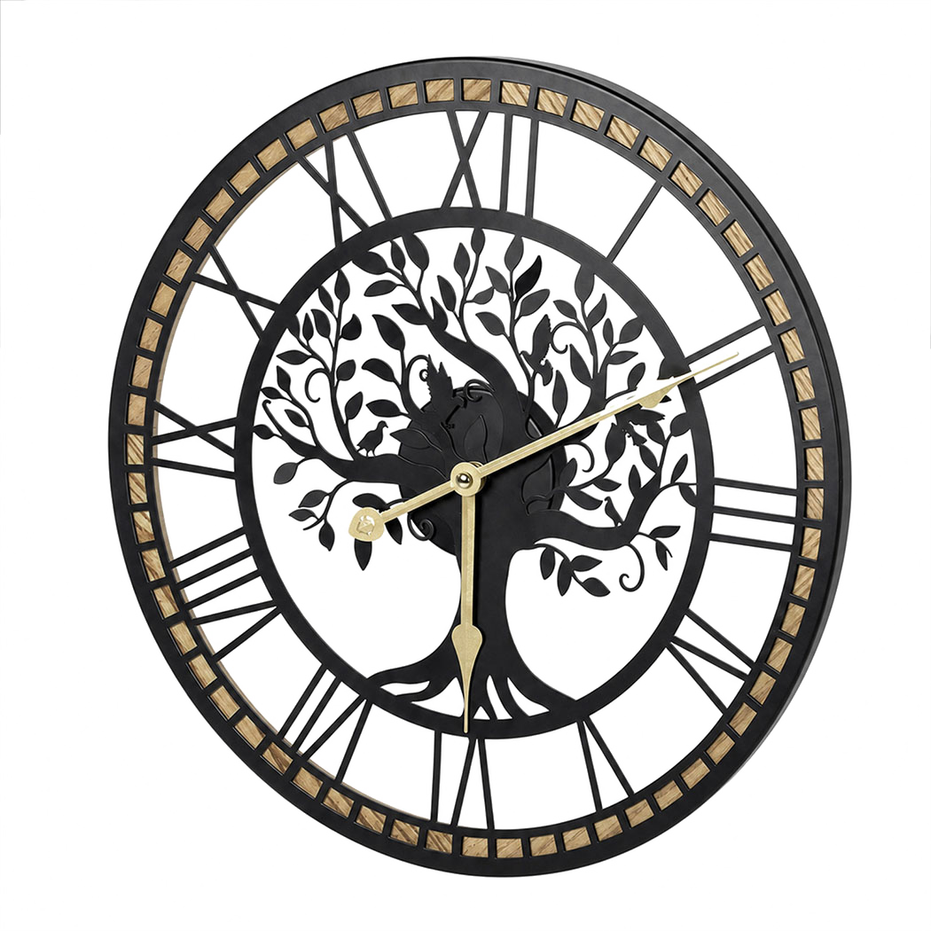 Yezi Wall Clock 40cm Vintage Tree Design Silent Quartz Iron Wood Black