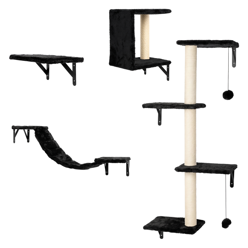 PaWz Cat Wall Shelves set 4 In 1 Modular with Sisal Scratcher for Indoor Black