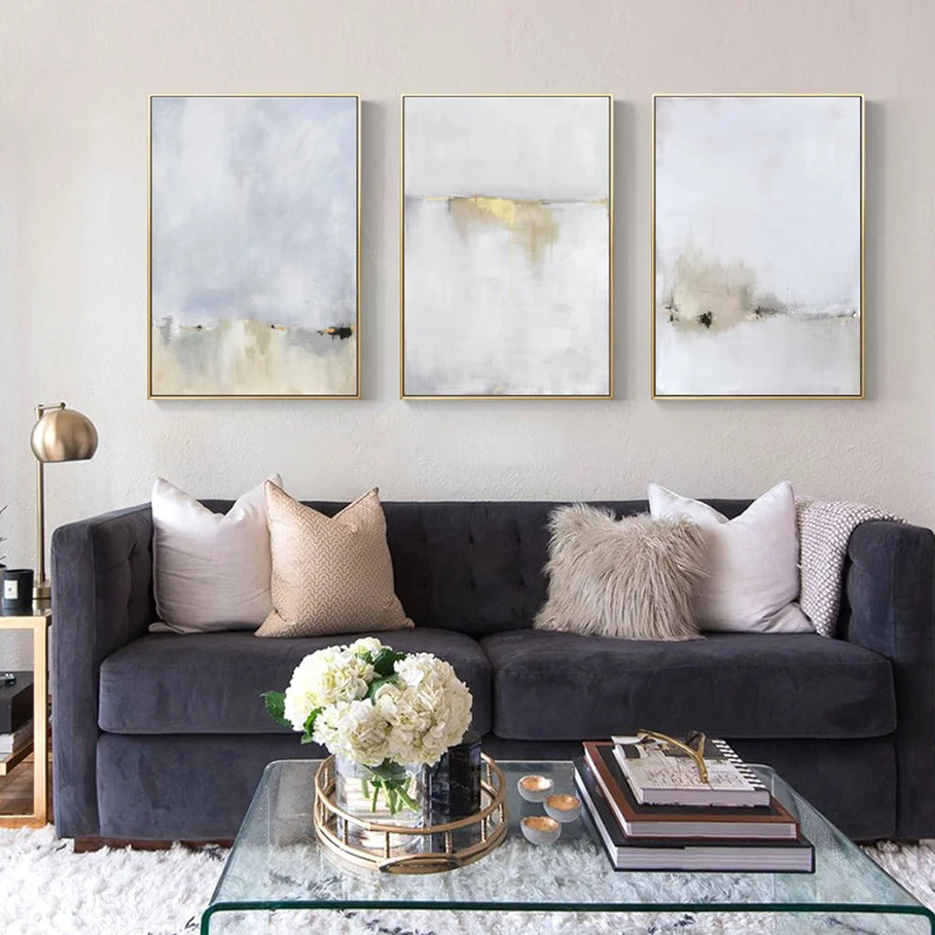 50cm x 70cm Abstract Golden White 3 Sets Gold Frame Canvas