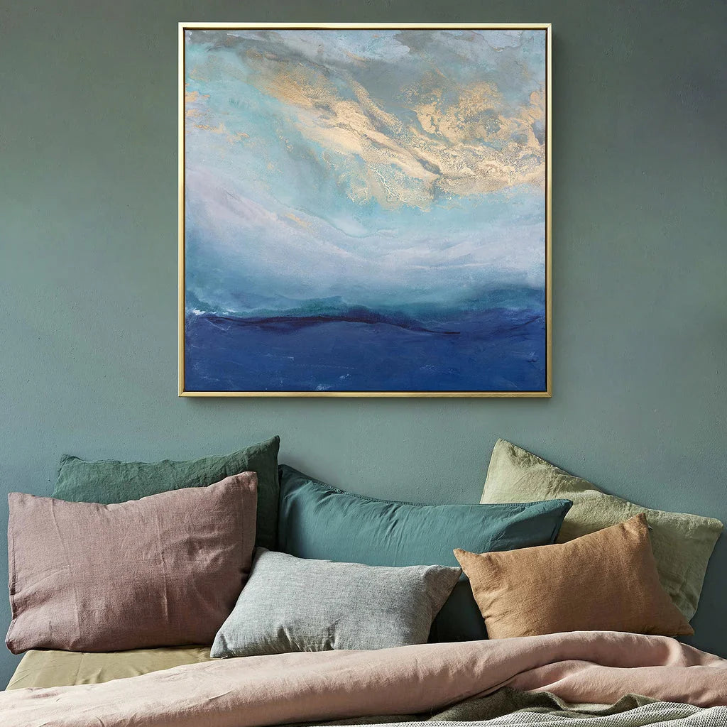 50cm x 50cm Abstract Gold Blue Square Gold Frame Canvas