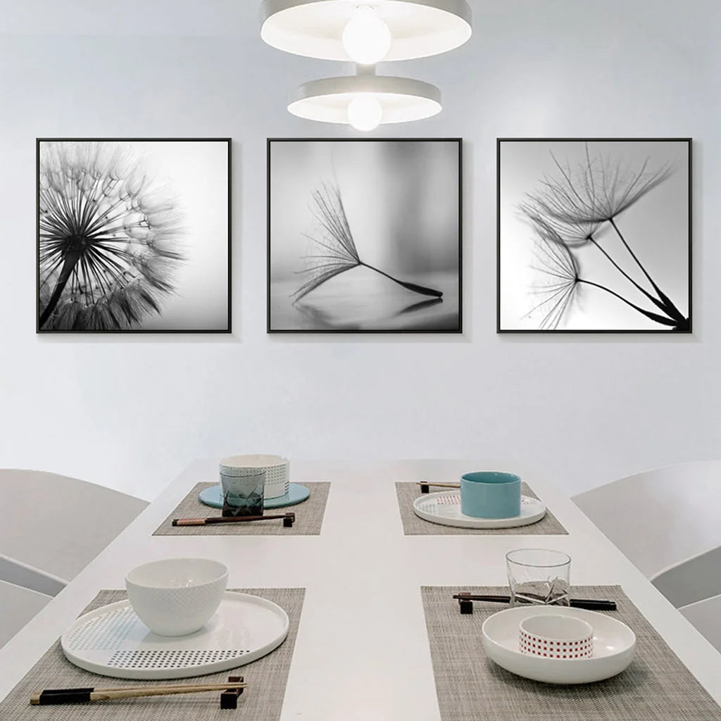 50cm x 50cm Botanical Dandelions 3 Sets Black Frame Canvas