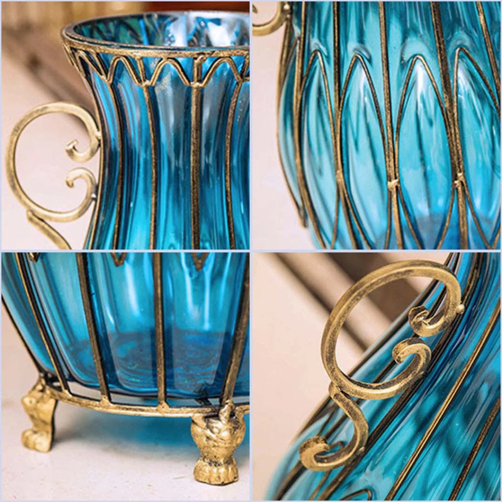 51cm Blue Glass Oval Floor Vase with Metal Flower Stand - Premium
