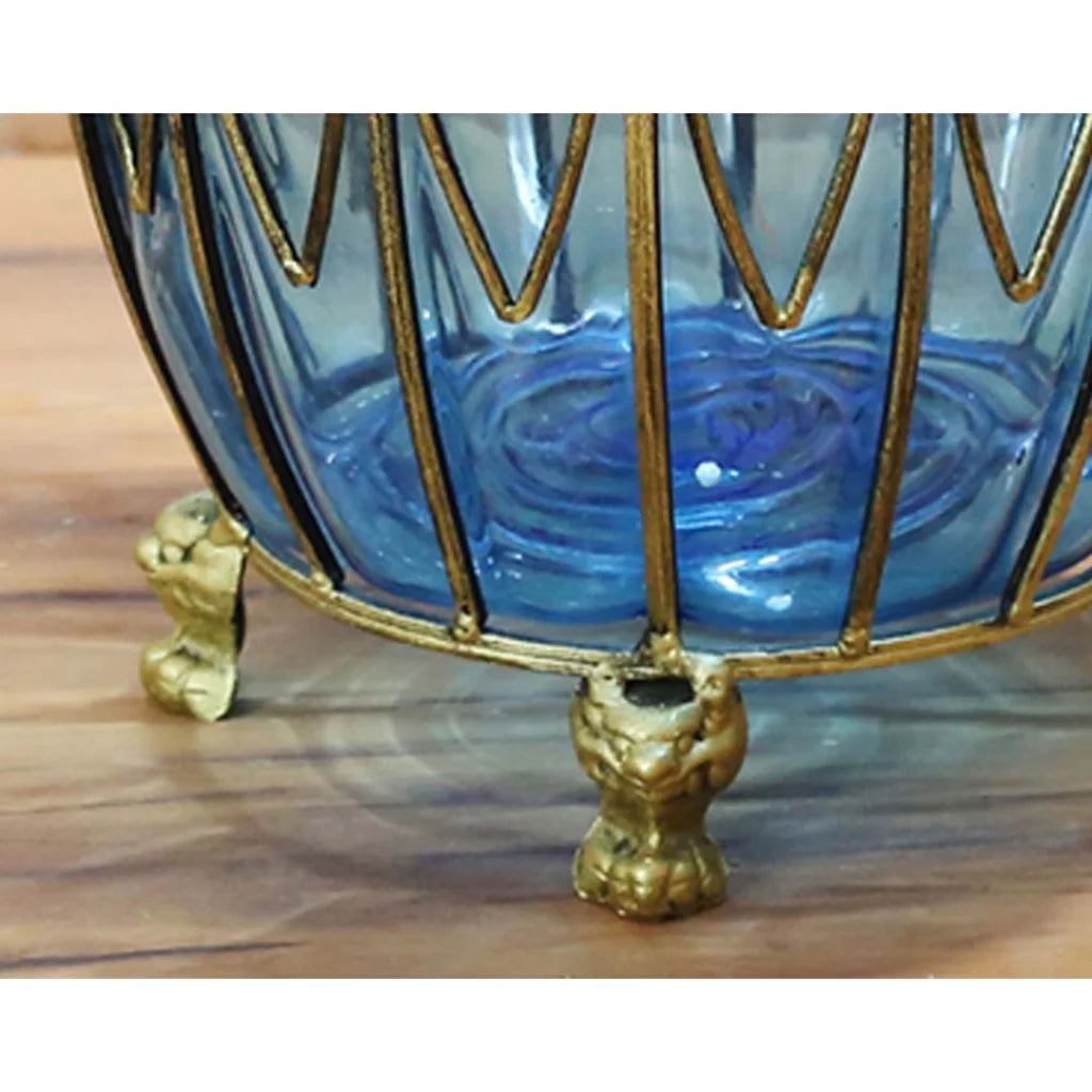 51cm Blue Glass Oval Floor Vase with Metal Flower Stand - Premium
