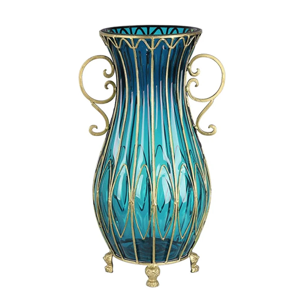 51cm Blue Glass Oval Floor Vase with Metal Flower Stand - Premium