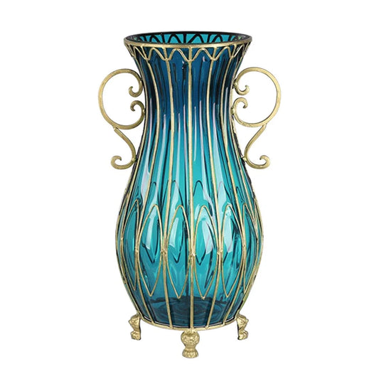 51cm Blue Glass Oval Floor Vase with Metal Flower Stand - Premium