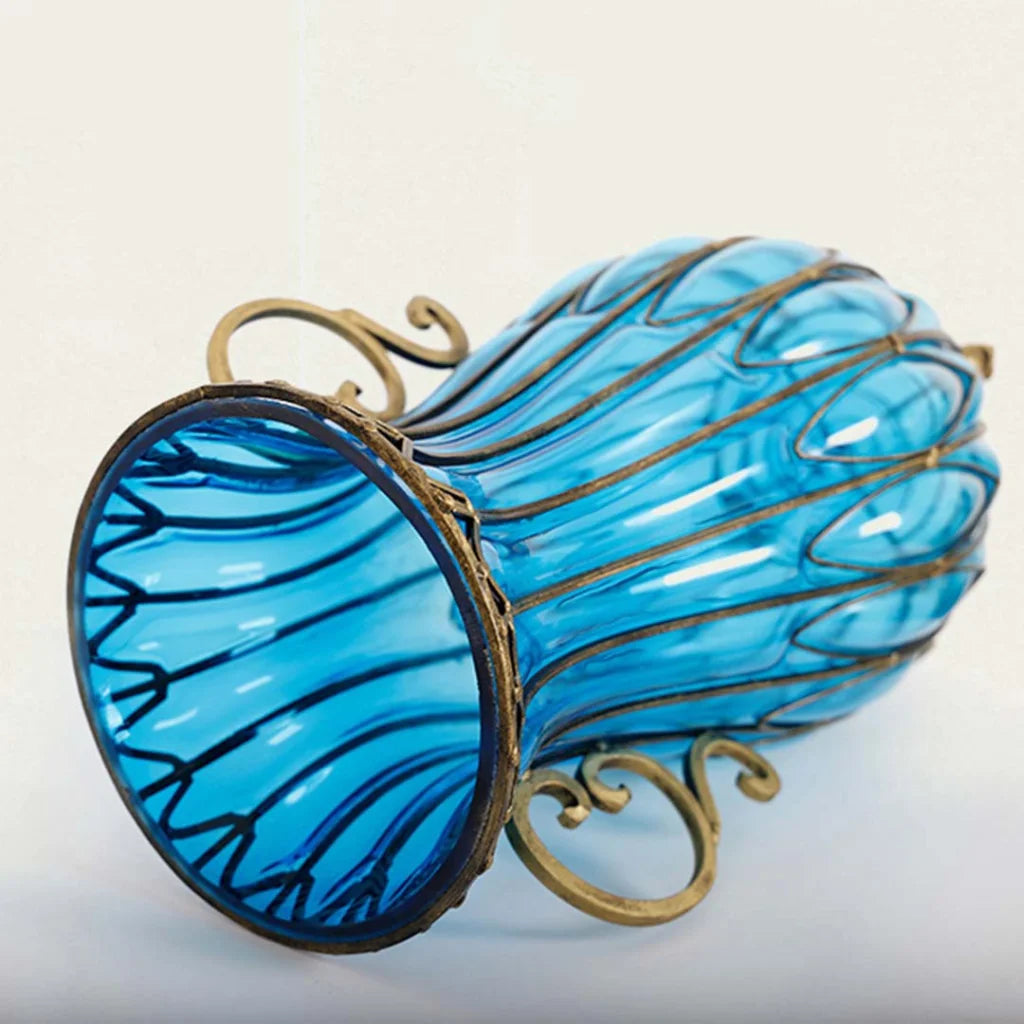 51cm Blue Glass Oval Floor Vase with Metal Flower Stand - Premium