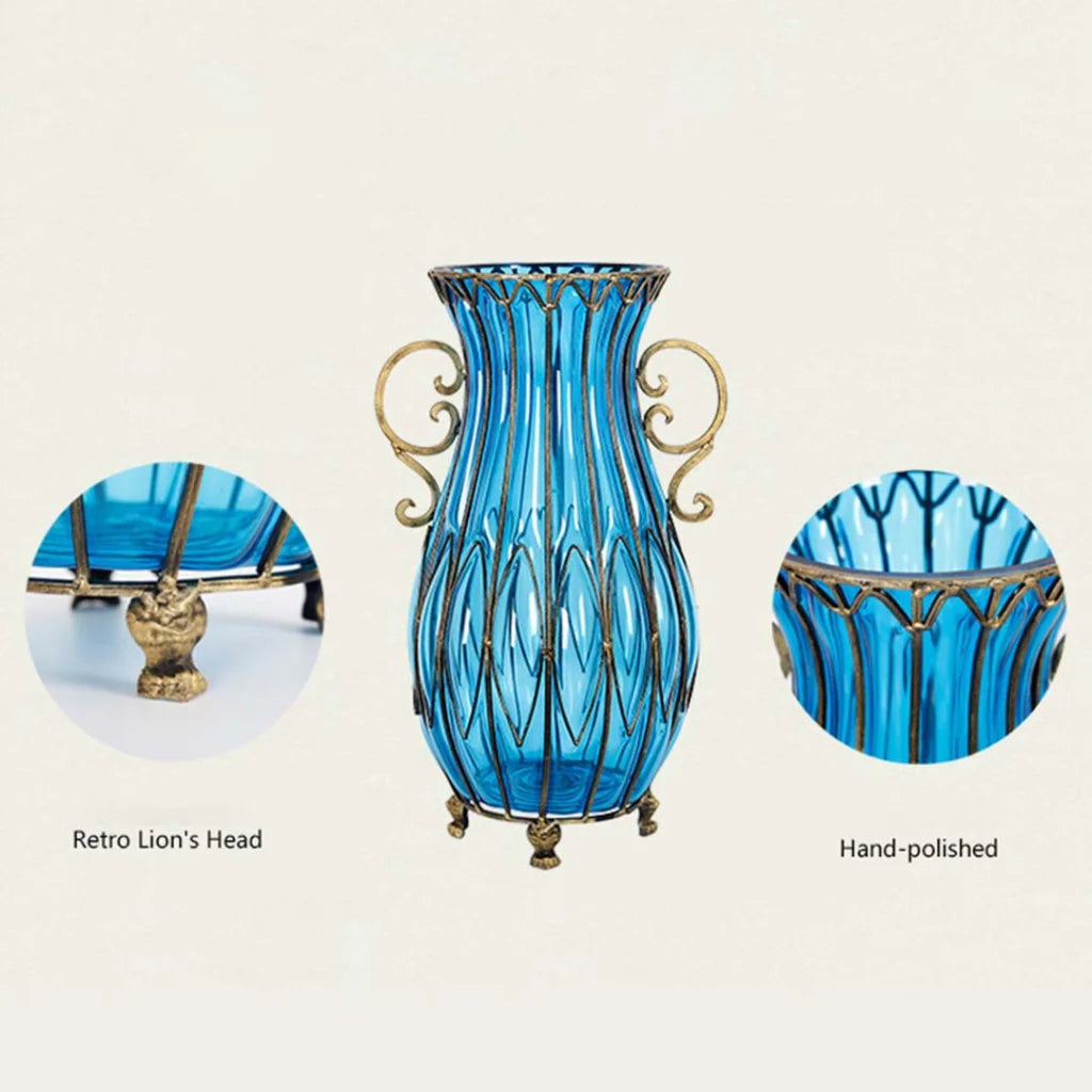 51cm Blue Glass Tall Floor Vase and 10pcs White Artificial Fake Flower Set - Premium