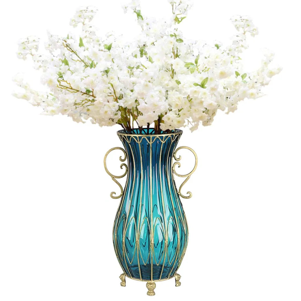51cm Blue Glass Tall Floor Vase and 10pcs White Artificial Fake Flower Set - Premium