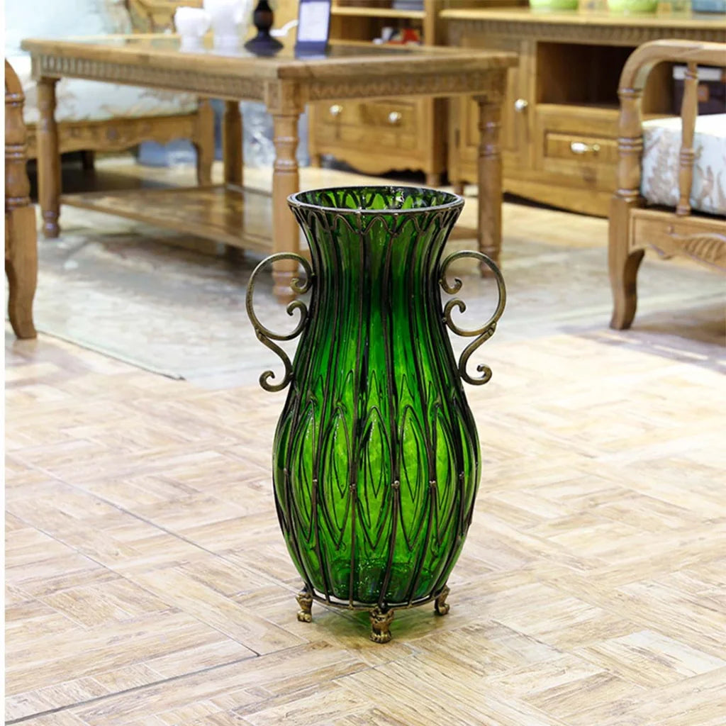 51cm Green Glass Oval Floor Vase with Metal Flower Stand - Premium