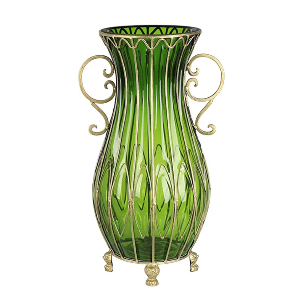51cm Green Glass Oval Floor Vase with Metal Flower Stand - Premium
