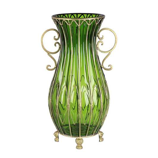 51cm Green Glass Oval Floor Vase with Metal Flower Stand - Premium