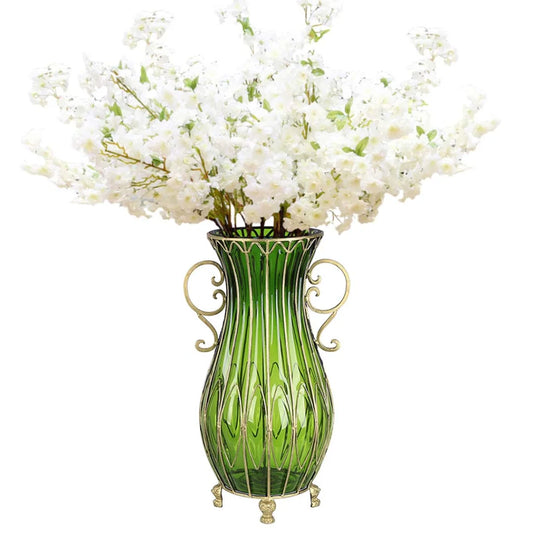 51cm Green Glass Tall Floor Vase and 10pcs White Artificial Fake Flower Set - Premium